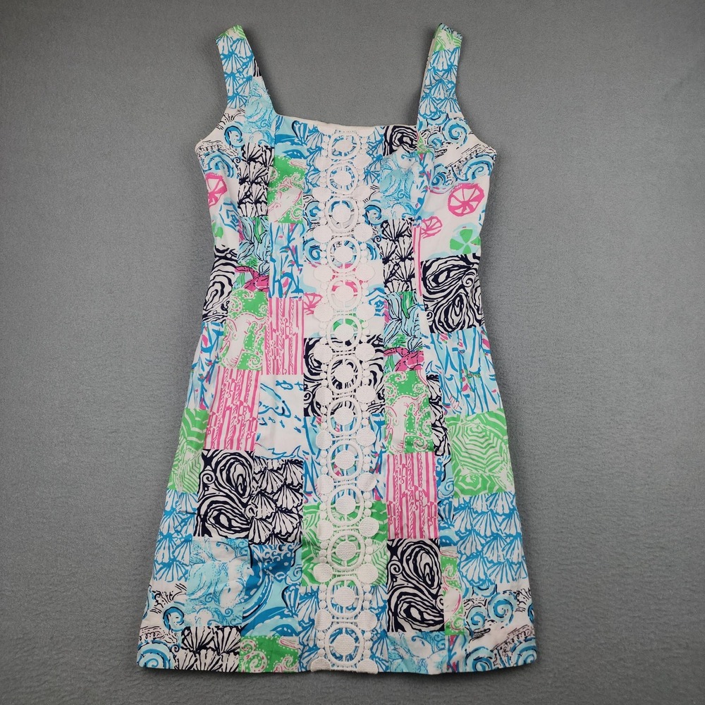 Lilly Pulitzer Idi Shift Dress Womens 0 Multicolor Patchwork Crochet Sundress